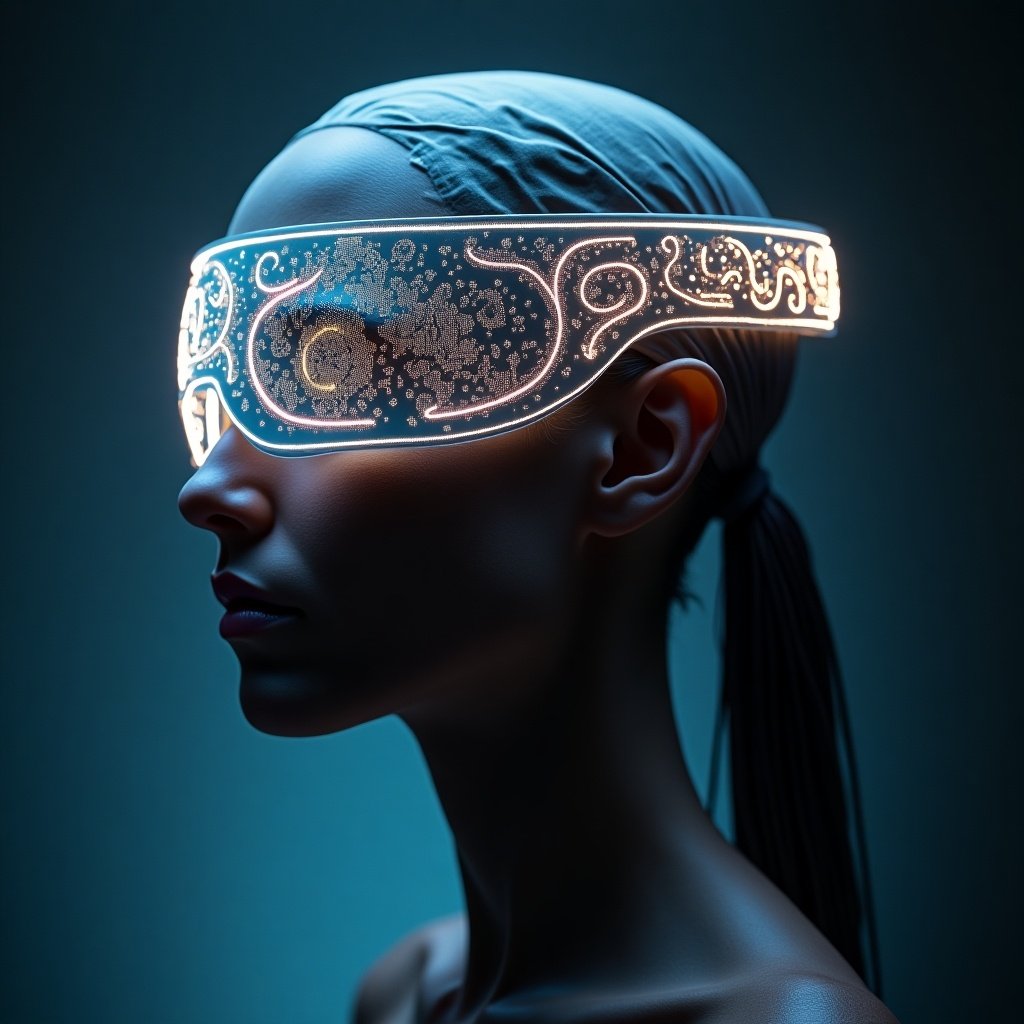 This image depicts a futuristic sci-fi meditation device that can be worn around the head. The device features intricate designs illuminated by a soft glow, suggesting advanced technology. The subject's profile highlights the elegant contours of the headgear, emphasizing its innovative nature. The lighting is dim and atmospheric, creating a calm and contemplative mood. Overall, the image conveys a blend of technology and meditation, appealing to those interested in wellness and futuristic aesthetics.