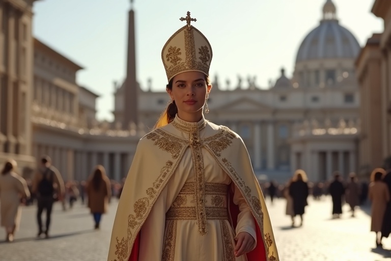 A woman dressed in papal attire walks through Saint Peter's Square at the Vatican. The scene captures a blend of elegance and tradition in a historic setting.