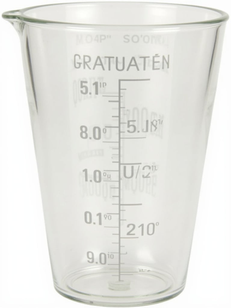 Image shows a clear graduated measuring cup with measurement markings. Cup measures up to 100.0cc. It is reusable for various liquids. Perfect for cooking and serving.