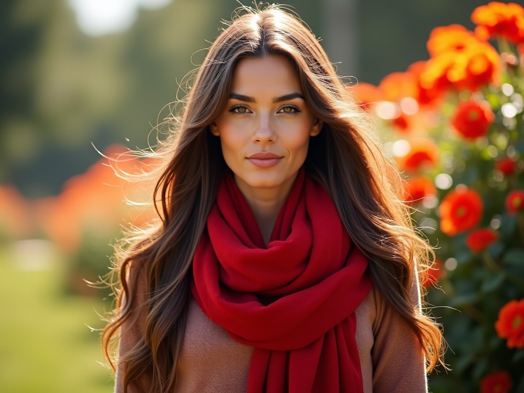 A woman with long brown hair wearing a red scarf stands in a field of orange flowers, smiling slightly. The background is a bokeh effect with vibrant colors, giving a warm autumn feel. Soft lighting enhances the serene and happy mood.