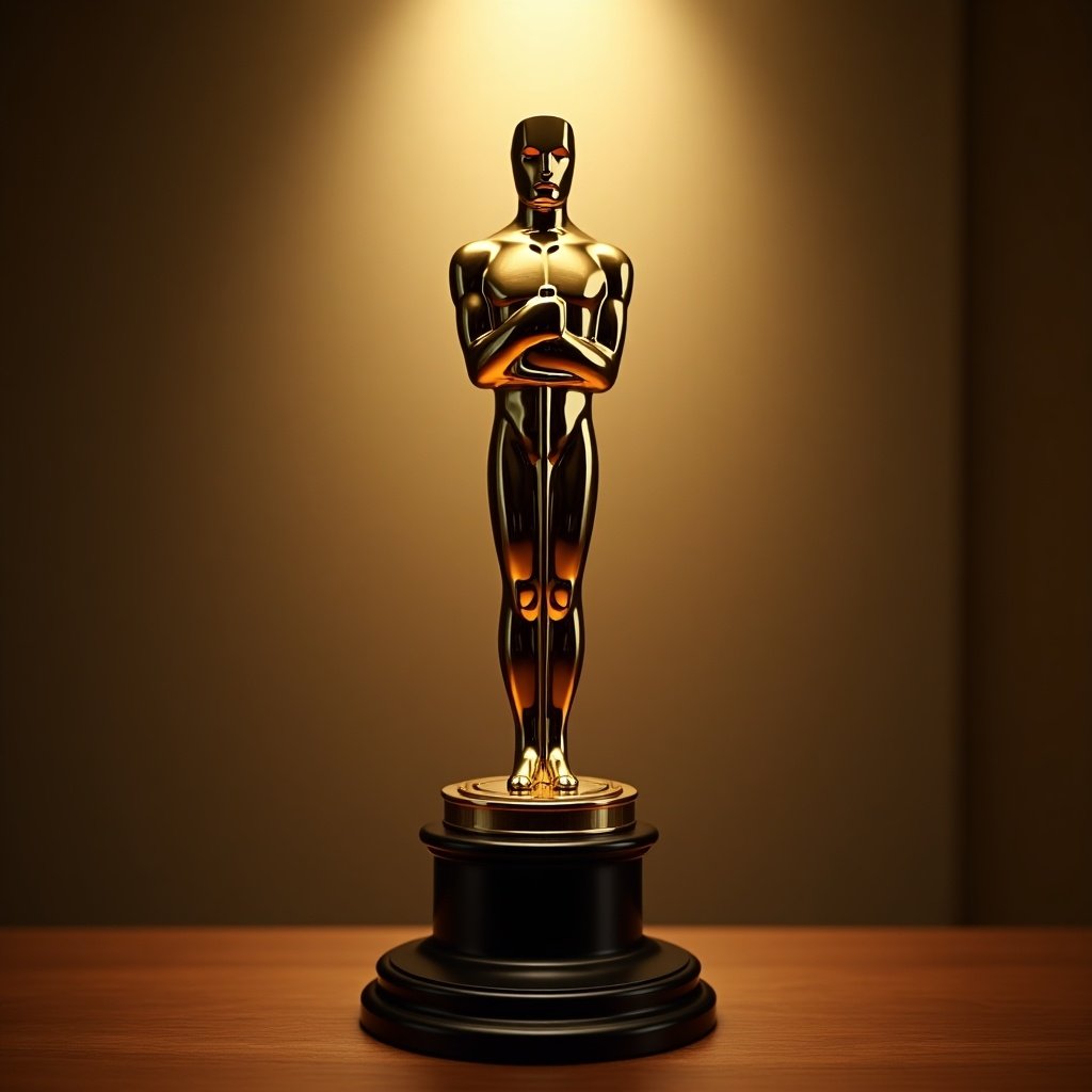 The image features a golden Oscar trophy, elegantly posed against a softly lit background. The trophy stands on a black base, highlighted by a warm spotlight that showcases its shiny surface. This iconic award symbolizes excellence in filmmaking and is celebrated worldwide during award ceremonies. The color palette includes gold, black, and brown, creating a luxurious atmosphere. The perspective is slightly low, giving the Oscar a majestic feel, ideal for representing success in the film industry.