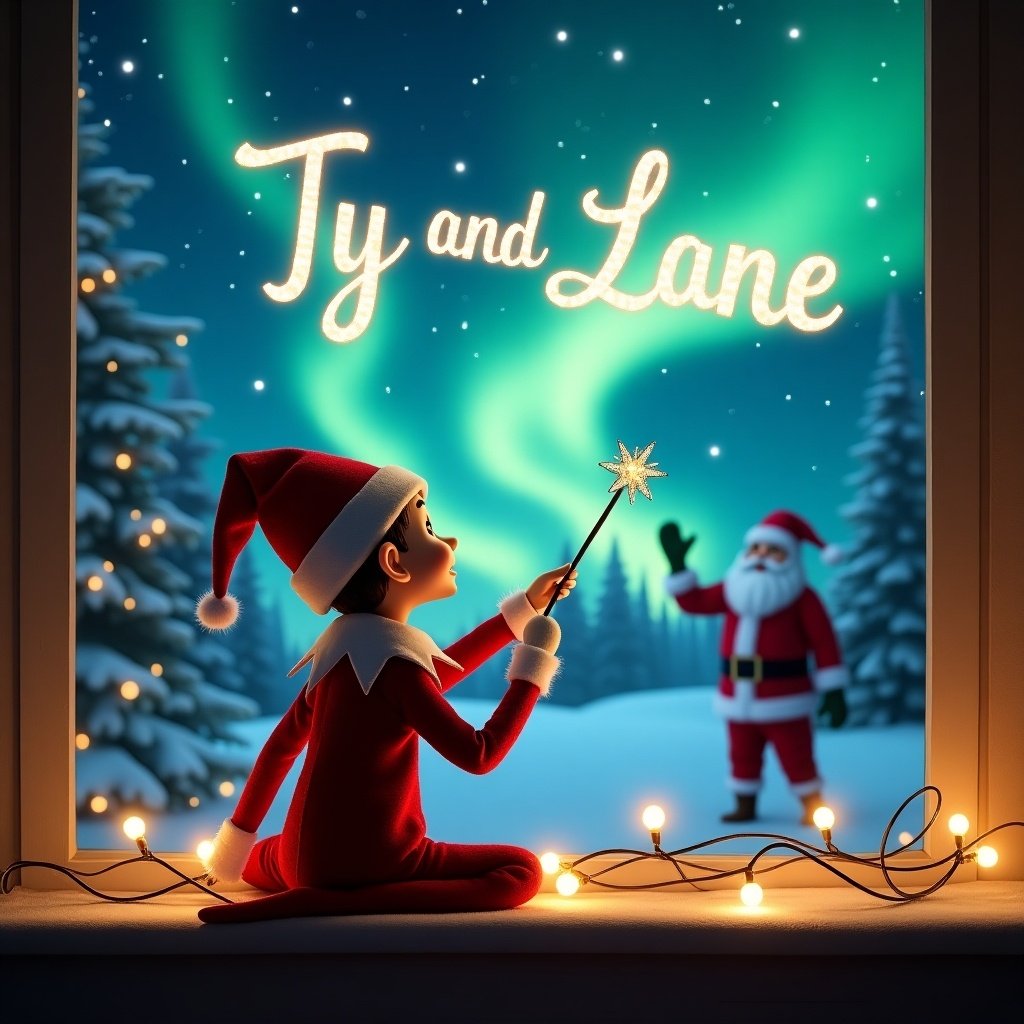 Enchanting scene featuring an elf on the shelf with back turned. Elf joyfully uses a magical wand to write names in the sky. Magical Northern Lights illuminate the night. Santa Claus adds to the festive spirit. Twinkling string lights enhance Christmas charm. Captures joy and wonder of holiday season.