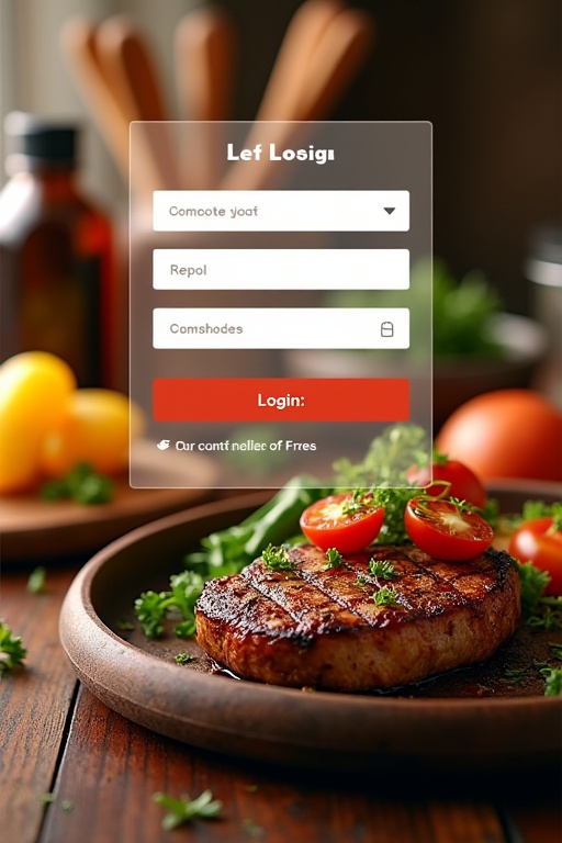 Login page design featuring delicious food. Focus on a beautifully presented grilled steak with garnish. Interface with fields for username and password. Warm colors and cozy ambiance.