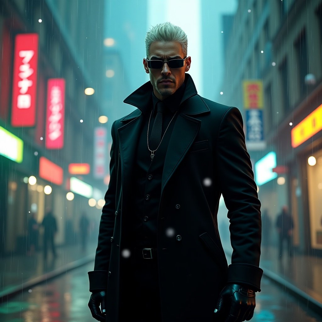 Generate an image of a male character in a long black coat and sunglasses standing in a futuristic urban setting. Use a moody atmosphere with neon lights and a dramatic pose.