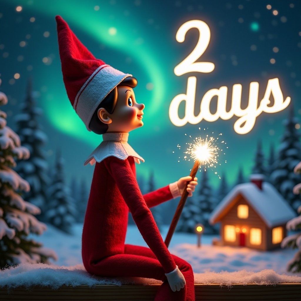 An elf on the shelf sits with its back to the viewer, gazing skyward. It holds a glowing wand that emits sparkling light. The background showcases a charming Christmas scene with colorful northern lights swirling above. In the distance, a cozy house is seen, decorated for the holidays. Snow covers the ground, adding to the winter atmosphere. The elf is in a playful position, embodying the spirit of magic and wonder associated with Christmas. The name '2 days left' is written in the air using the wand, creating a sense of holiday cheer.