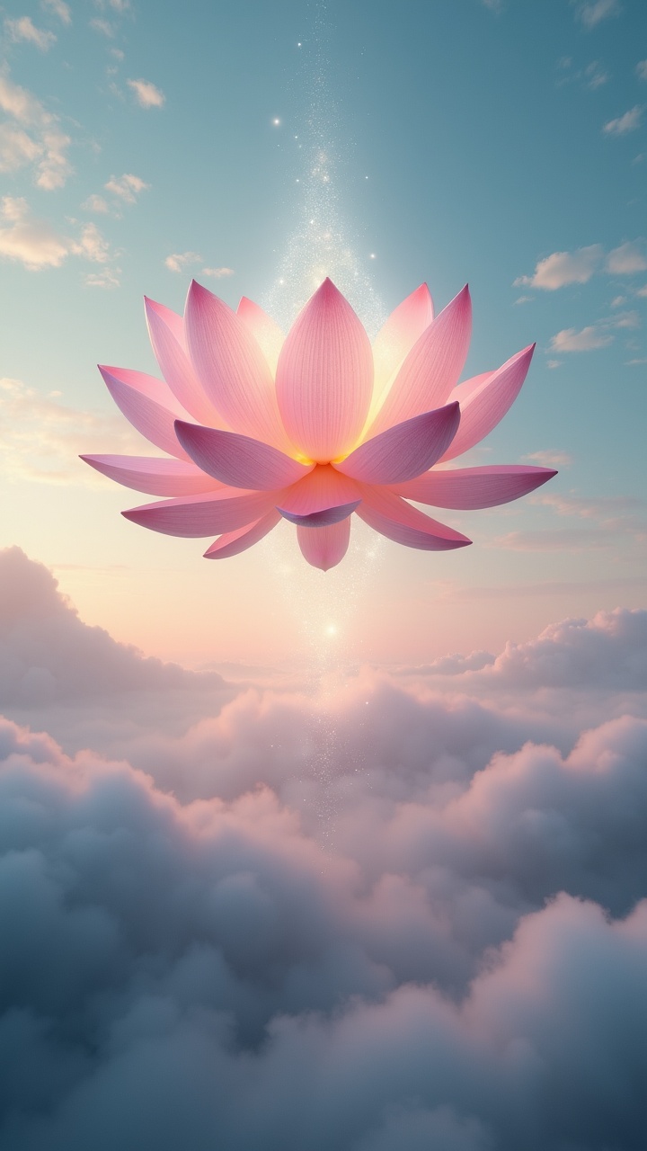 A stunning pink lotus flower hovers above soft, fluffy clouds against a dreamy sky. Sunlight filters through, creating a magical and serene atmosphere with glowing sparkles surrounding the lotus. The composition evokes a sense of tranquility and ethereal beauty, highlighting the flower as a symbol of purity and enlightenment.