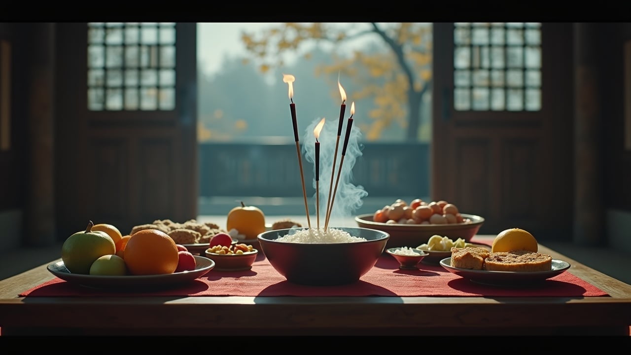 This image depicts a solemn scene of ancestor worship during the beginning of winter. At the center, a table is adorned with a variety of offerings, including fruits, cakes, and a bowl of steaming rice, symbolizing respect for ancestors. Three incense sticks rise from the table, their smoke drifting softly in the warm, inviting light. The background hints at the outdoor scenery of early winter, featuring withered yellow leaves and a pale sky. Dark tones predominate the image, emphasizing the reverent atmosphere unique to this cultural practice.