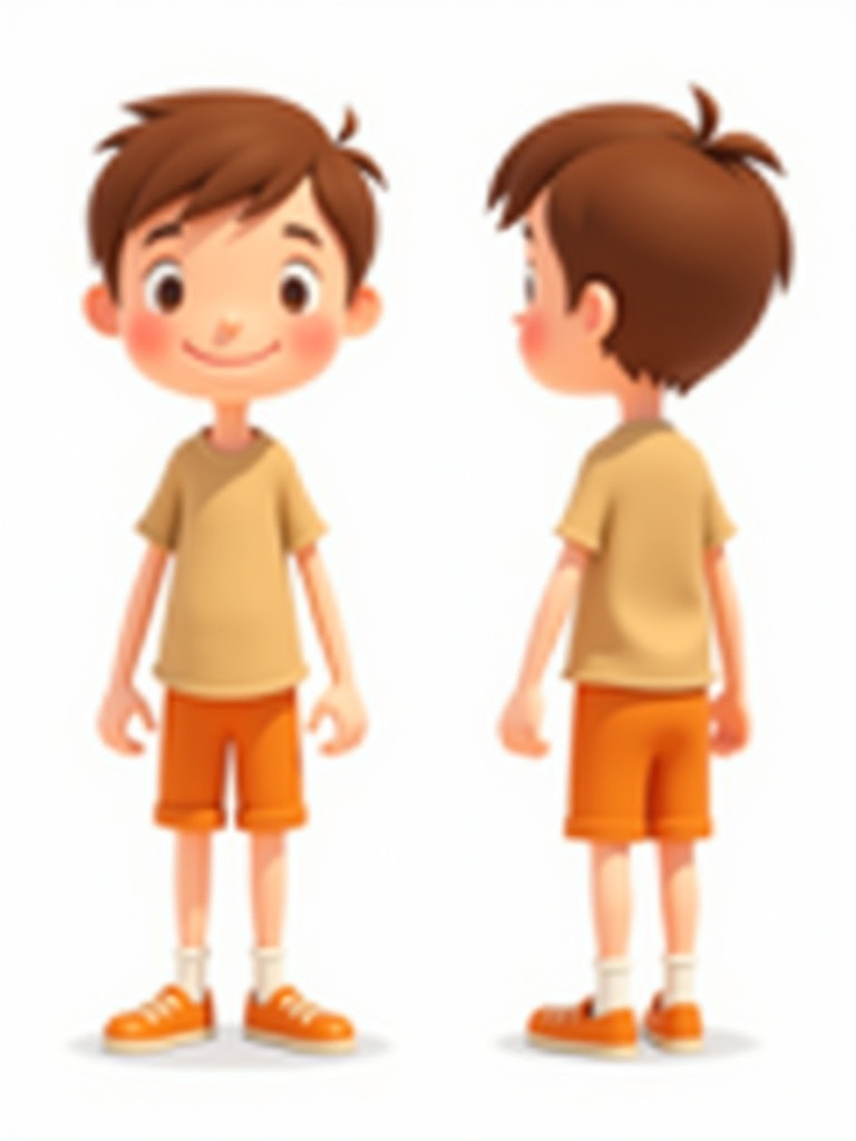 Cartoon character designed in a minimalist style. Cheerful personality with rounded face and short hair. Simple bright outfit displayed in four perspectives: front side back and 3/4 view on plain white background suitable for animation.