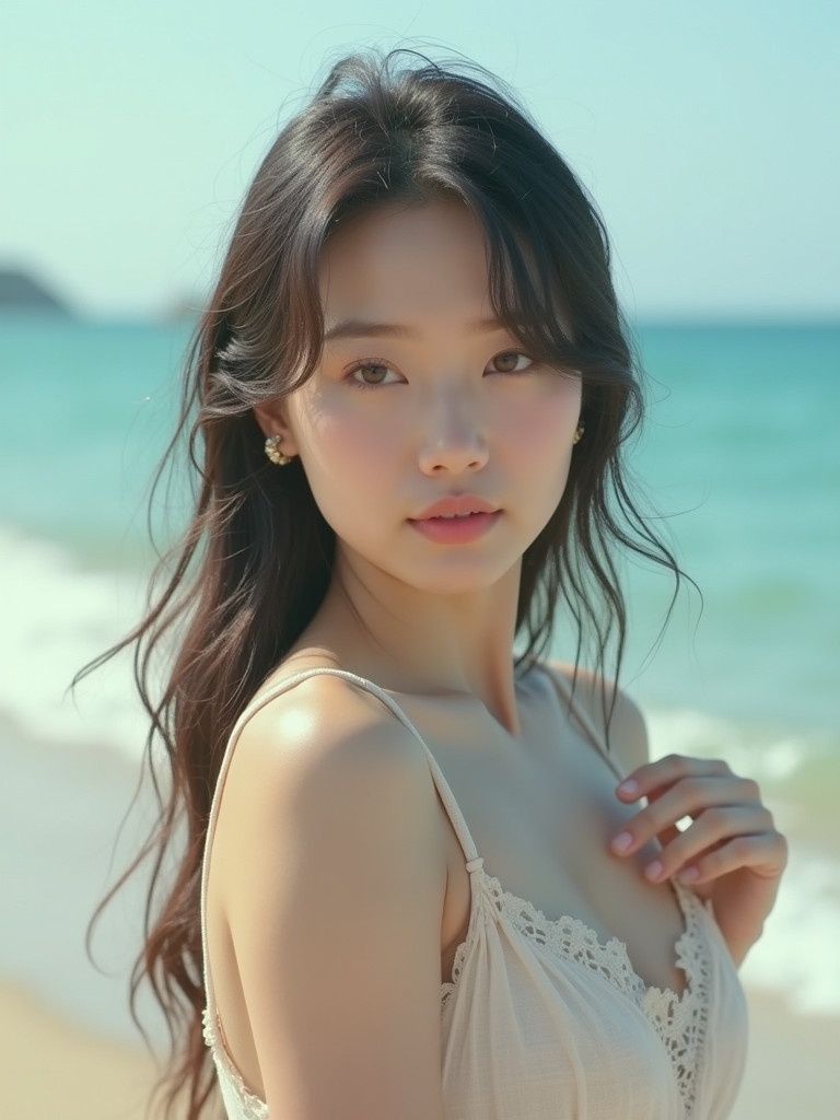 A Korean woman stands gracefully at the beach. She wears a light-colored dress. The backdrop features a serene ocean with gentle waves. Sunlight enhances her natural beauty. The scene captures a cinematic vibe in 16k ultra HD quality.