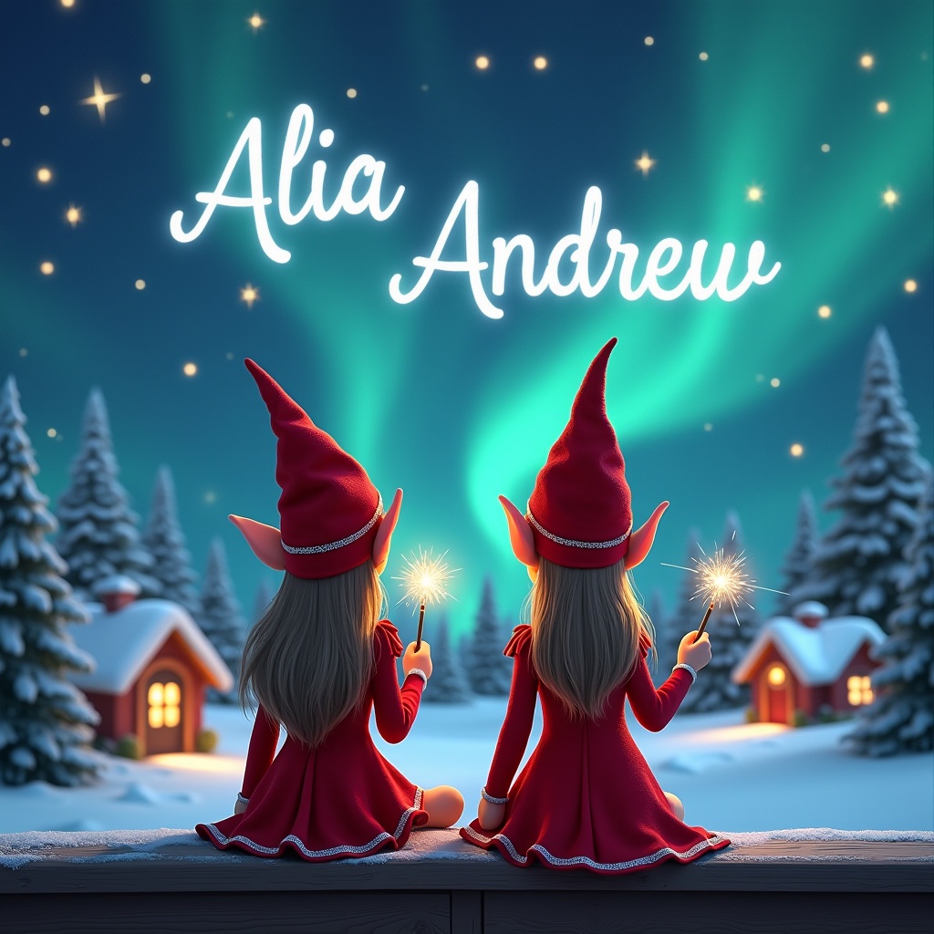 Two female elves sit on a wooden ledge. They gaze at the magical sky. Elves wear red outfits and pointed hats. Each holds sparkling wands. Background shows a snowy landscape with charming houses and trees. Northern Lights shimmer above. The scene captures childhood magic and Christmas cheer. The elves write the names 'Alia' and 'Andrew' in the starry sky.