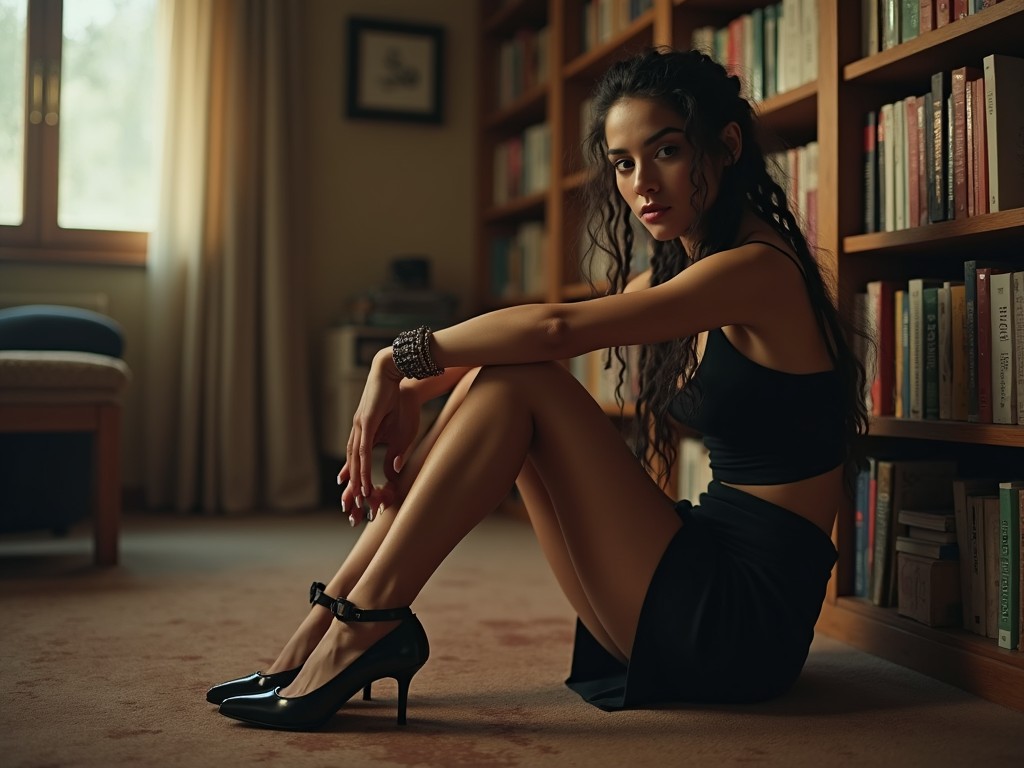 The image features a woman sitting on the floor of a cozy library. She has long, curly hair and is wearing a chic black outfit with high heels. The setting is warm and inviting, with books lining the shelves in the background. Sunlight filters through the windows, adding a soft glow to the scene. Her pose is both alluring and relaxed, creating a captivating composition.