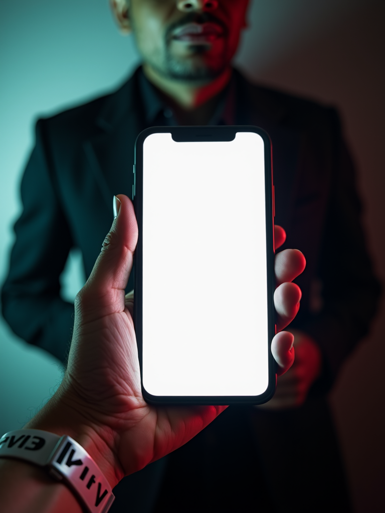 A person is holding a glowing smartphone in front of a man wearing a dark suit.