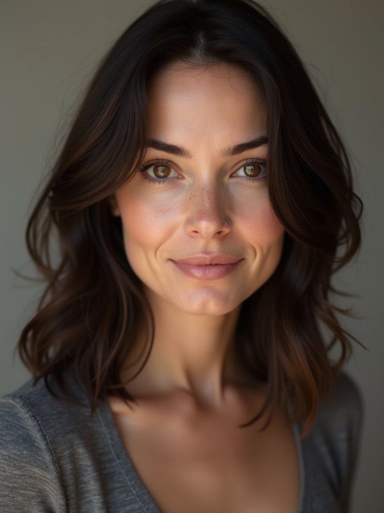 Middle-aged woman with medium skin tone and straight dark brown hair. Brown eyes showcase natural beauty. Soft, neutral background enhances the subject.