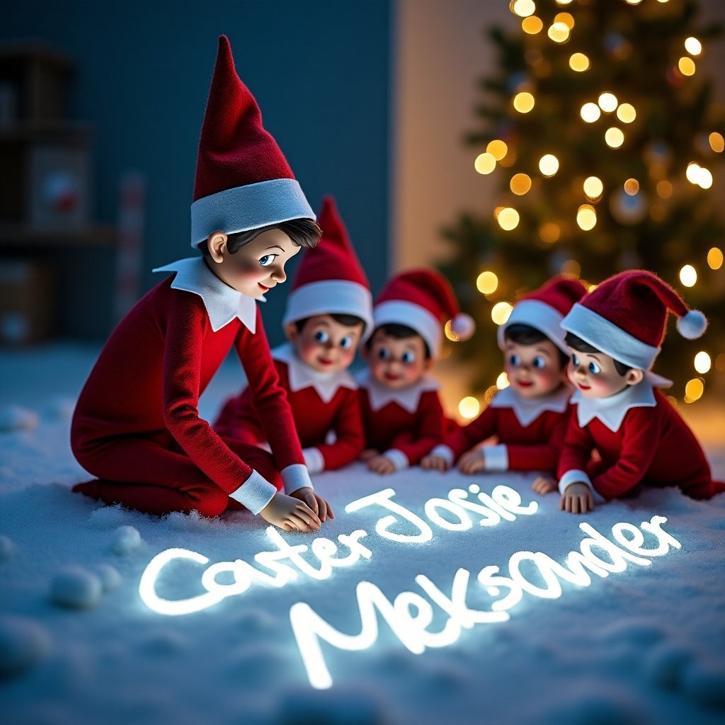 In a festive setting, an elf on the shelf is writing the names Carter, Josie, Aleksander, and Max in the snow. The names are illuminated with magical lights and are artistically displayed in cursive. The scene captures the spirit of Christmas with a cozy atmosphere. Around the elf are smaller elves watching in excitement. A beautifully decorated Christmas tree is in the background, contributing to the holiday charm. This artistic representation celebrates the joy of the holiday season and imagination.