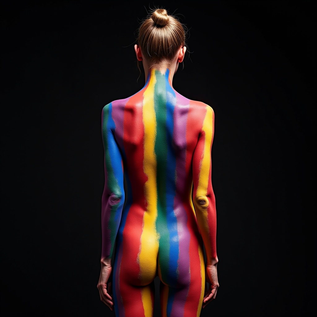 Person covered in rainbow body paint. Dark background. Vivid colors on skin.