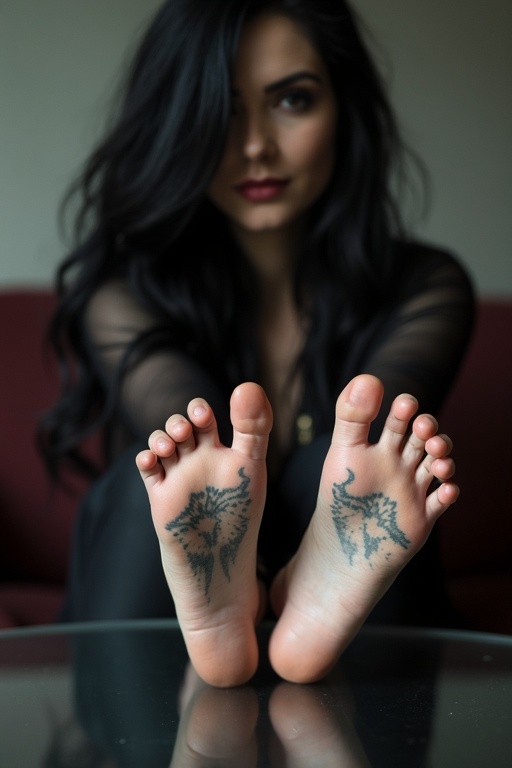 Image shows a mature goth woman with long black hair showing her tattooed soles of her bare feet. She wears dark goth clothes. She's sitting on the couch and putting her feet on the glass table.