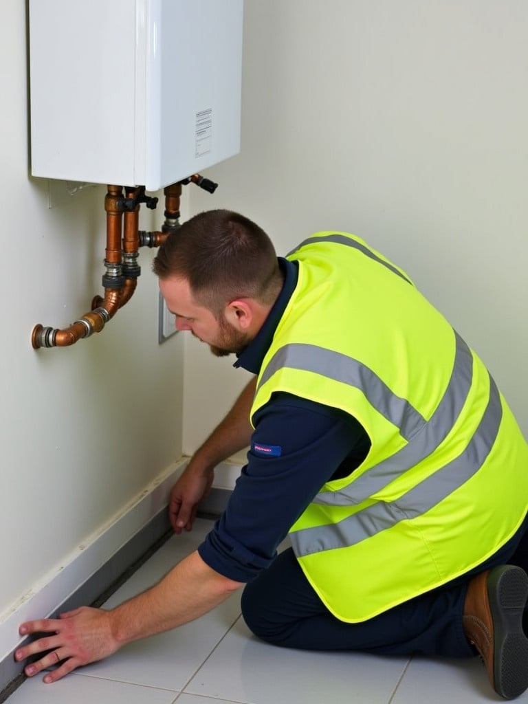 Male technician works on plumbing at a boiler. He kneels on the floor adjusting pipes. Bright yellow safety vest is worn over a dark shirt. Clean well-lit indoor setting is visible. Typical residential or commercial building environment seen.