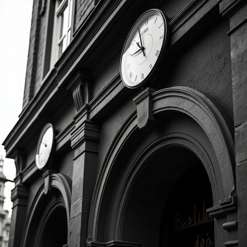 A black and white photo showcasing classic building architecture with prominent clocks.