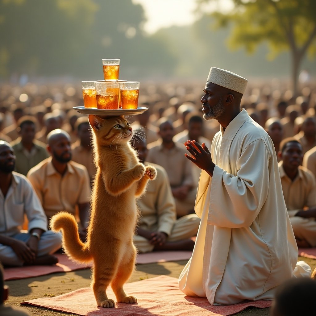 A cat dressed in human clothes stands among people in an outdoor religious gathering. The cat balances a tray of iced tea on its head. The preacher, in a white robe, looks at the cat with disdain. The cat appears calm and patient. A crowd sits on mats, listening to the sermon in a lively atmosphere, with natural lighting enhancing the scene.