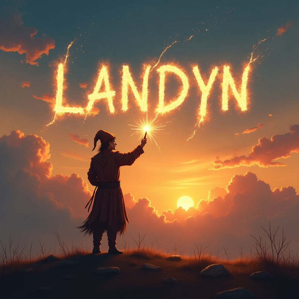 An elf stands atop a grassy hill, facing a vibrant sunset. The elf, dressed in a traditional fantasy outfit, is casting a magical spark that forms the name 'LANDYN' in the sky. The clouds are tinted in shades of orange and purple, creating a warm, enchanting atmosphere. Below, the sun is setting on the horizon, adding to the magical ambiance. This scene evokes a sense of adventure and wonder, inviting viewers to imagine the story behind the magic.