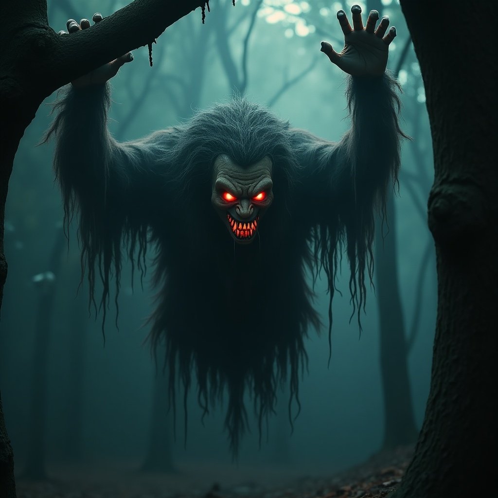 A terrifying spirit Baital hangs upside down from a tree. Its face is horrifying and mysterious with glowing eyes. The surroundings are filled with a mystical and eerie atmosphere. Prepared to ask cunning questions to Vikram.