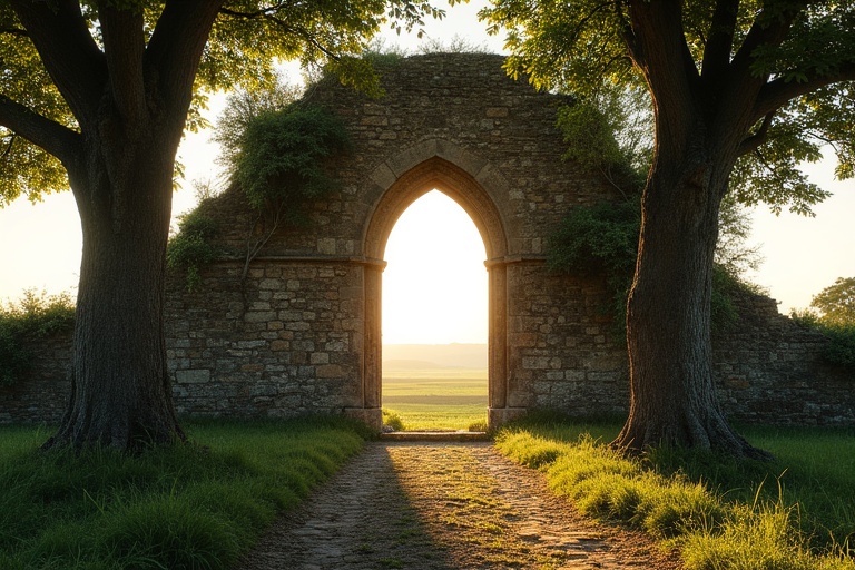 An archaic ruined wall with a small Romanesque double lancet window. Flanked by large box trees. Overgrown with wild vines and moss. Weathered stones missing in areas. In the background, a wide plain with fields visible. Evening of a sunny late summer's day. Last rays of sunlight illuminate the wall and treetops. Little ground vegetation. Few sunlight rays hitting the ground.