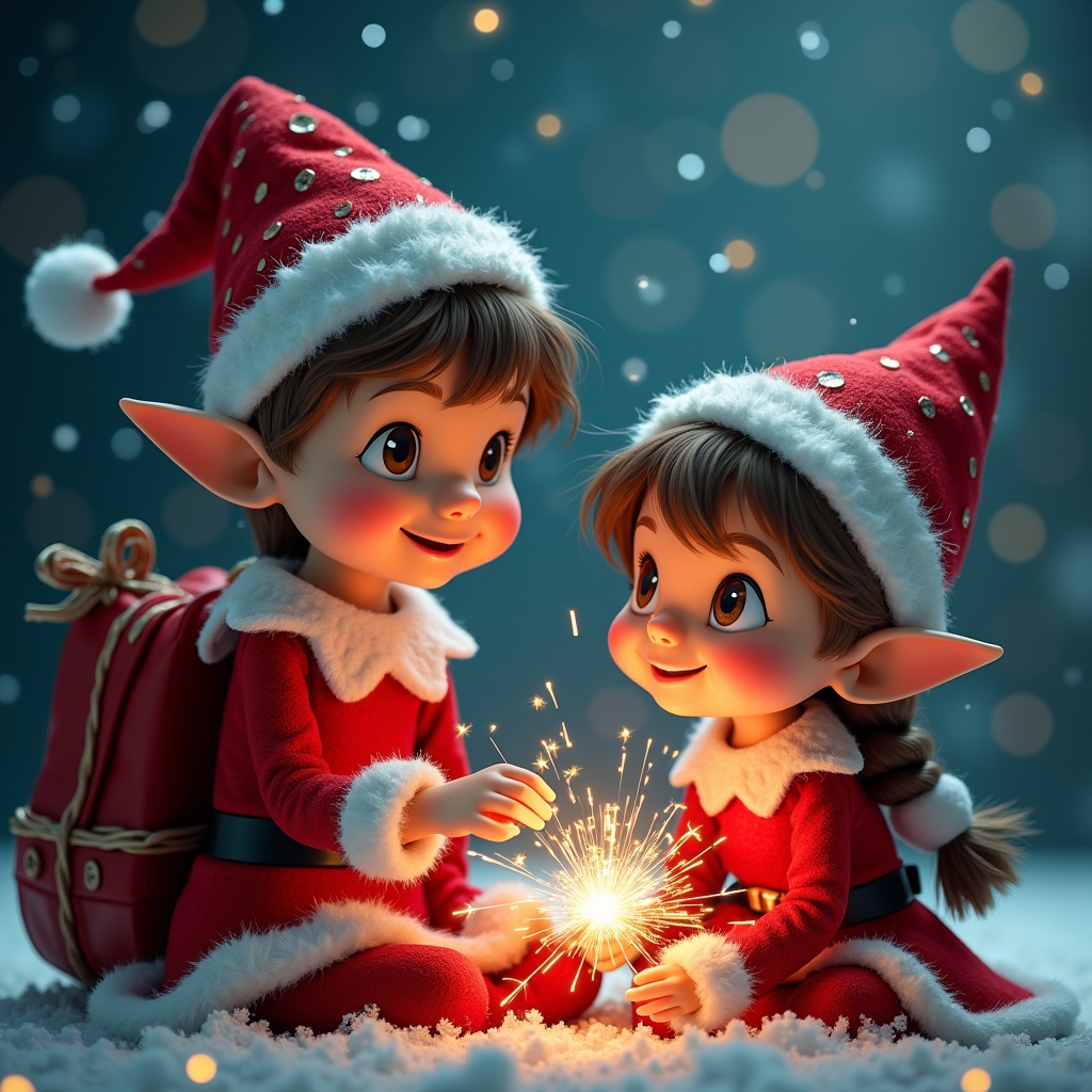 The image shows two cheerful pixie elves in a Christmas setting, a girl aged 3 and a girl aged 9, both with brown hair and eyes, dressed in festive red outfits with white trim and matching hats. They are sitting in a snowy scene, surrounded by softly glowing lights and a sense of winter magic. The younger girl, Sofie, is joyfully holding a sparkler, while the older girl, Amelia, looks at her with delight. In the night sky above them, their names are written in sparkling light, creating a whimsical and heartwarming atmosphere. The scene captures the essence of Christmas spirit, joy, and sisterly love.