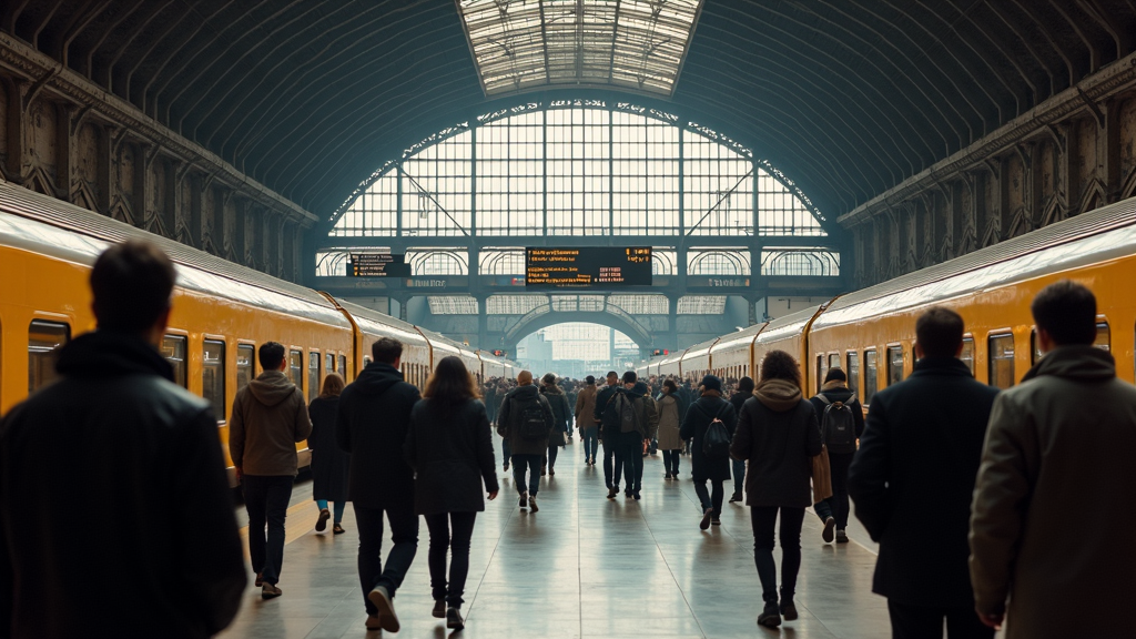 People walk through a bustling train station with yellow trains on either side.