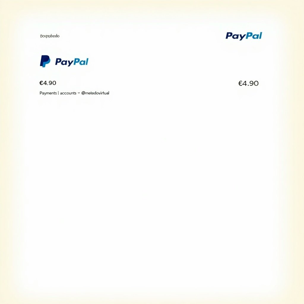 Illustration of proof of payment document from PayPal. Completed transaction of €4.90. Payment directed to account @metodovirtual. Receipt design typical of PayPal documents. Layout emphasizes clarity with bold text and simplified background.