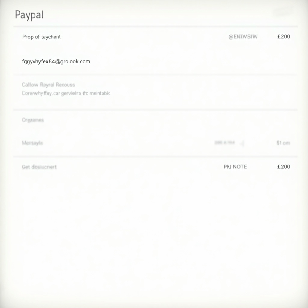 Image shows proof of payment document from PayPal. Payment directed to fqgvwhyfex84@outlook.com. Receipt has recognizable PayPal design. Layout emphasizes clarity with bold text and simplified background. Completed transaction of £200.