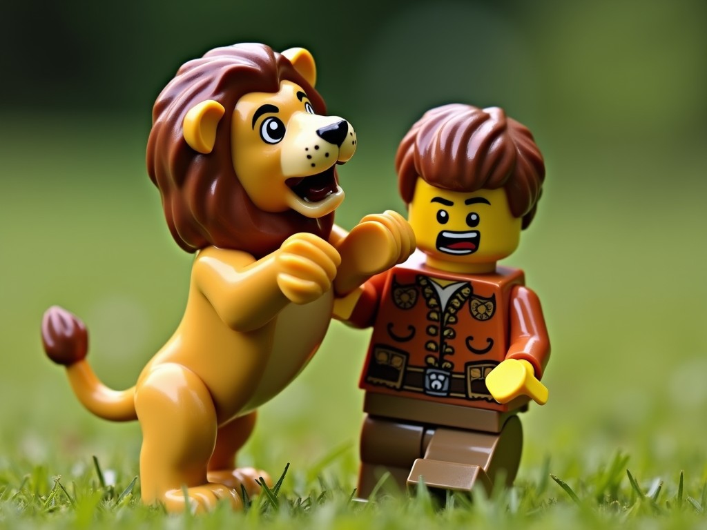 This image depicts a playful encounter between a LEGO lion figure and a LEGO explorer figure. The lion, with its expressive face and open mouth, appears to be in a friendly, playful stance, while the explorer looks surprised but amused. The vibrant green background suggests a jungle setting, adding an adventurous vibe to the scene.