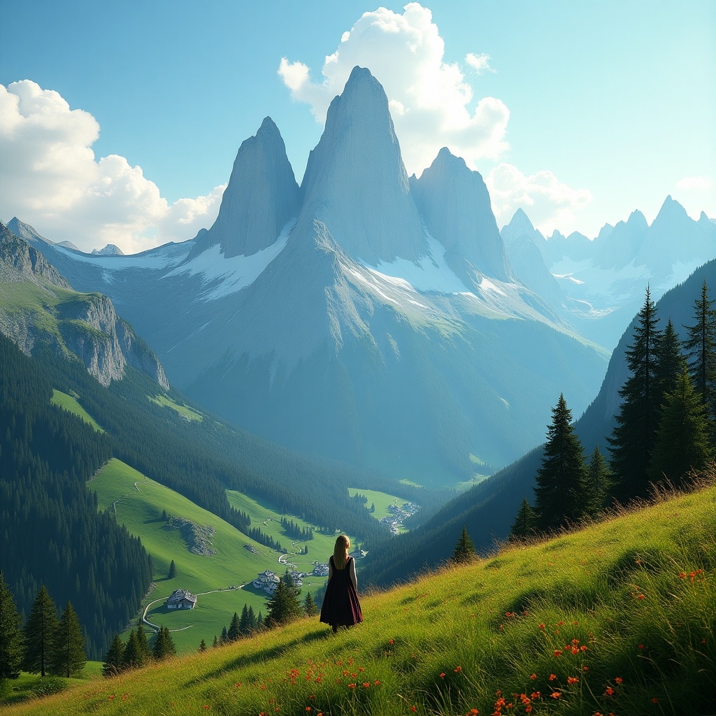 Mountain range with a grassy field features towering peaks in the distance. The scene captures the natural beauty of the Dolomites. High resolution suitable for website banners or prints. Anamorphic wide-angle perspective showcases three prominent towers.