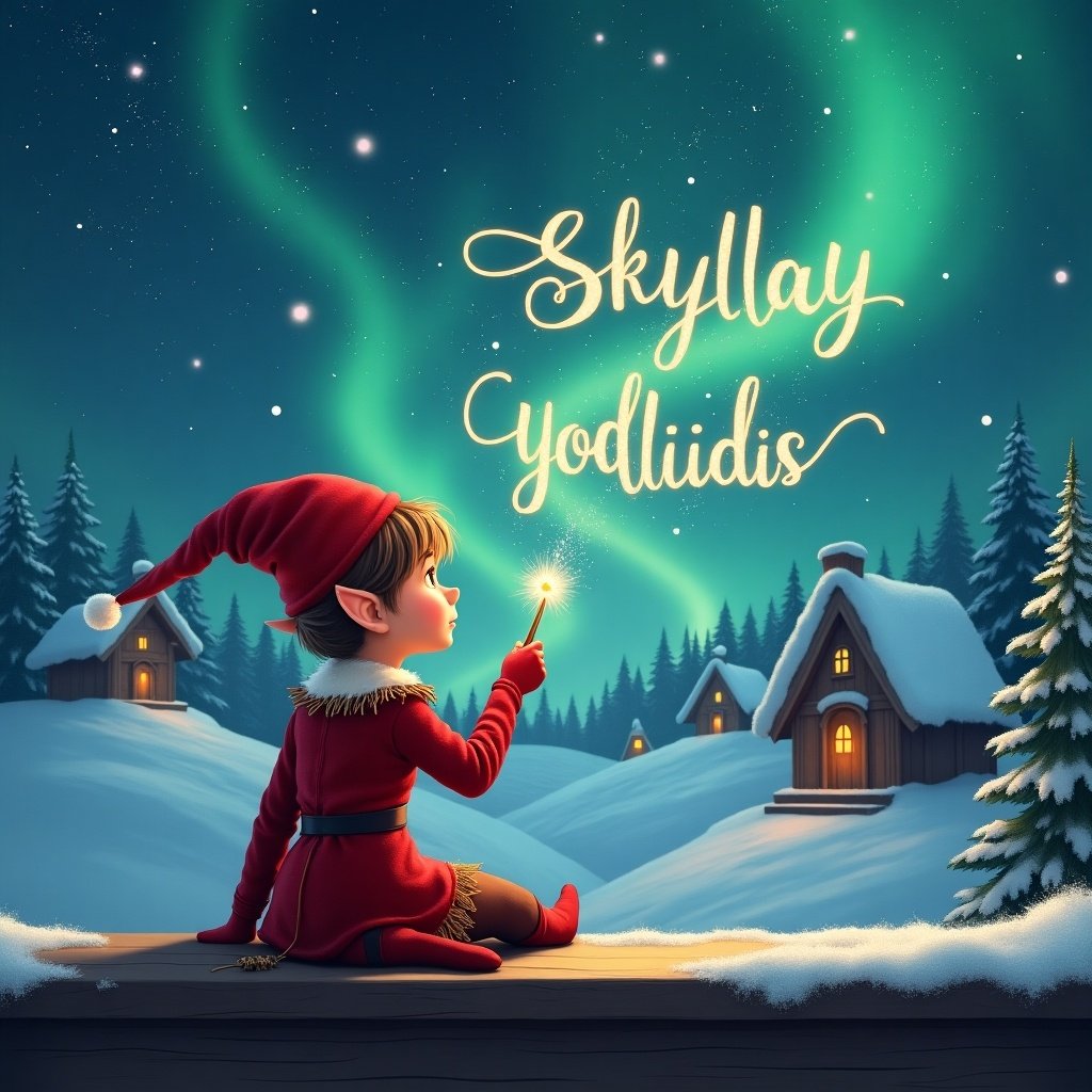 An elf in a red outfit gazes at a magical sky. The elf holds a sparkling wand and writes names in the starry sky. A snowy landscape with charming houses and evergreen trees under Northern Lights fills the background. The scene captures Christmas cheer and childhood magic.