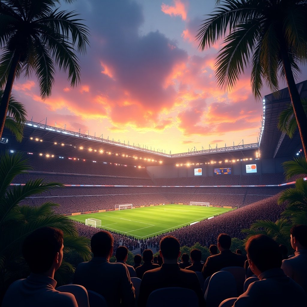 Ultra-realistic stadium in a tropical jungle at dusk. Surrounded by palm trees and glowing foliage. Sky features fiery orange, deep purple, and vivid blue. Scattered golden sunlight breaks through. Stadium lights illuminate the field and crowd. Magical realism with glowing palm leaves. Energetic and captivating atmosphere with vibrant colors.