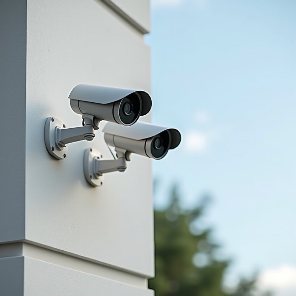 A pair of modern security cameras mounted on a building. Cameras positioned at an angle. Building's exterior is plain. Scene well lit by natural daylight. Angle highlights cameras for monitoring.