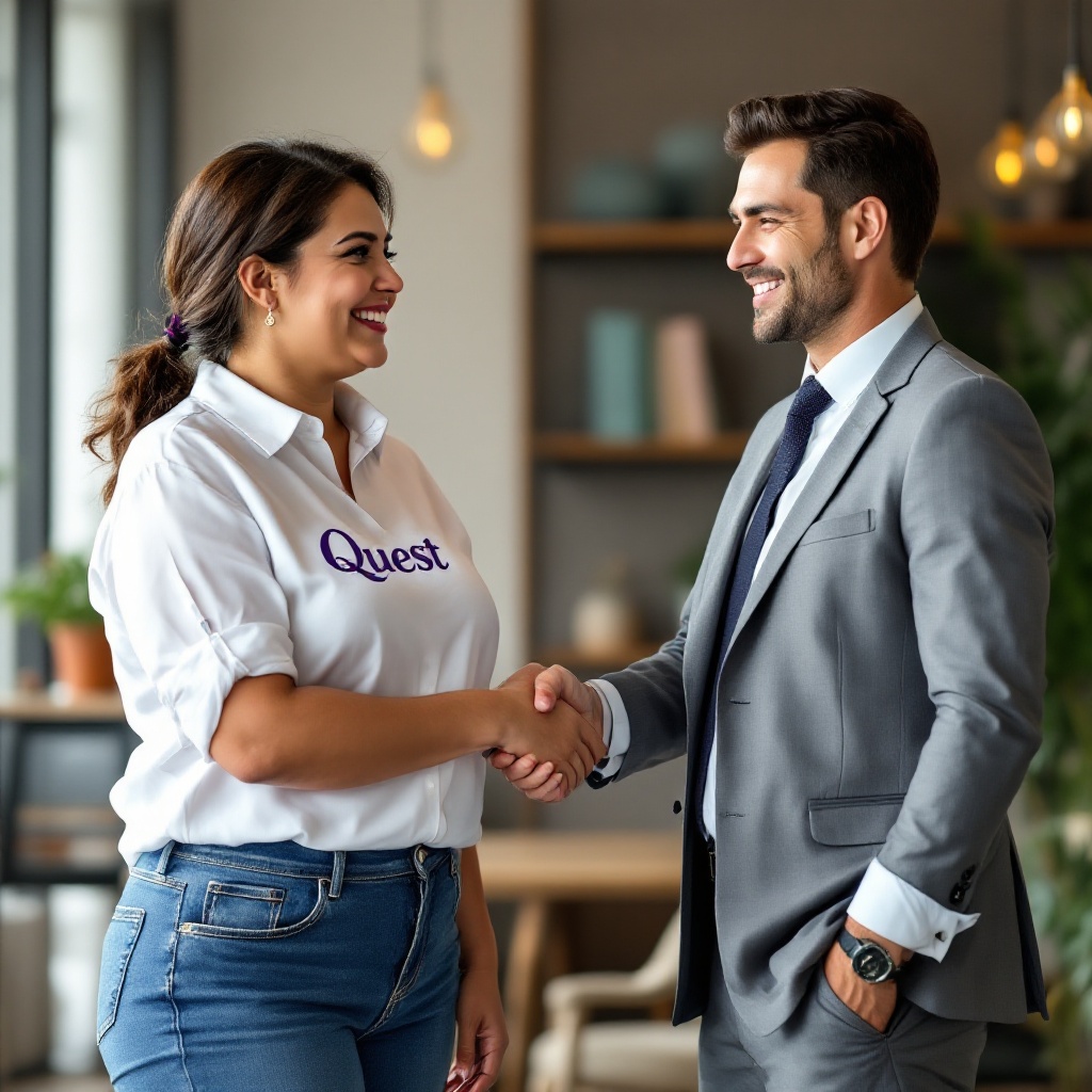 Spanish daycare teacher with motherly appearance shakes hands with company executive. Teacher wears white shirt with the word 'Quest' in purple and comfortable blue jeans. Executive is dressed in business attire. Environment is professional yet inviting with a warm vibe.