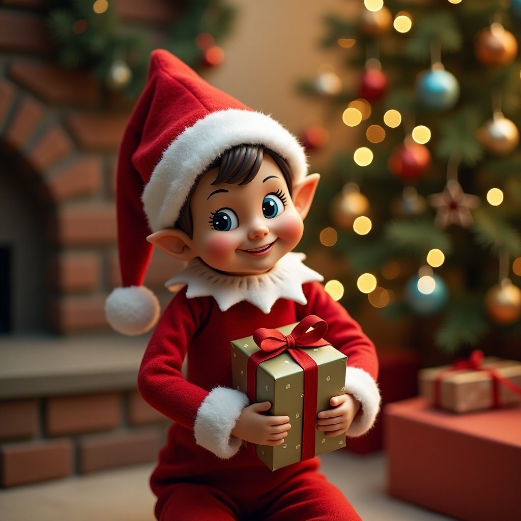 An adorable elf in Christmas attire hugs a beautifully wrapped gift. Background features a Christmas tree with colorful ornaments. A warm, inviting atmosphere is created.