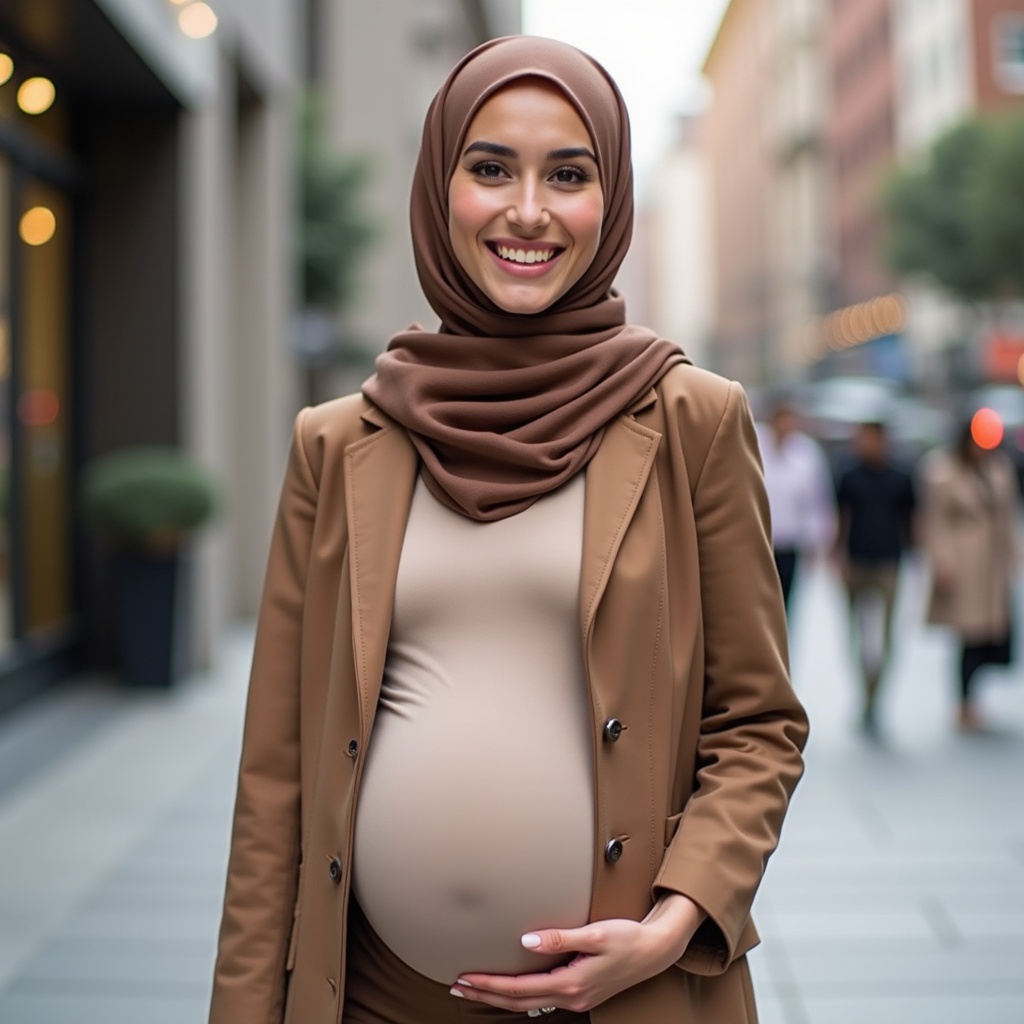 Stylish pregnant woman wearing a brown hijab. Standing in an urban setting. Smiling warmly. Dressed elegantly.