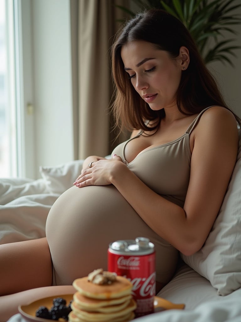 A pregnant woman lays on a bed. She wears a form-fitting bodysuit covering her belly. She indulges in pancakes and soda. Her belly visibly distends from excess food. Scene captured from a side view. Composition highlights the size of her belly. Convey a sense of indulgence and gluttony.