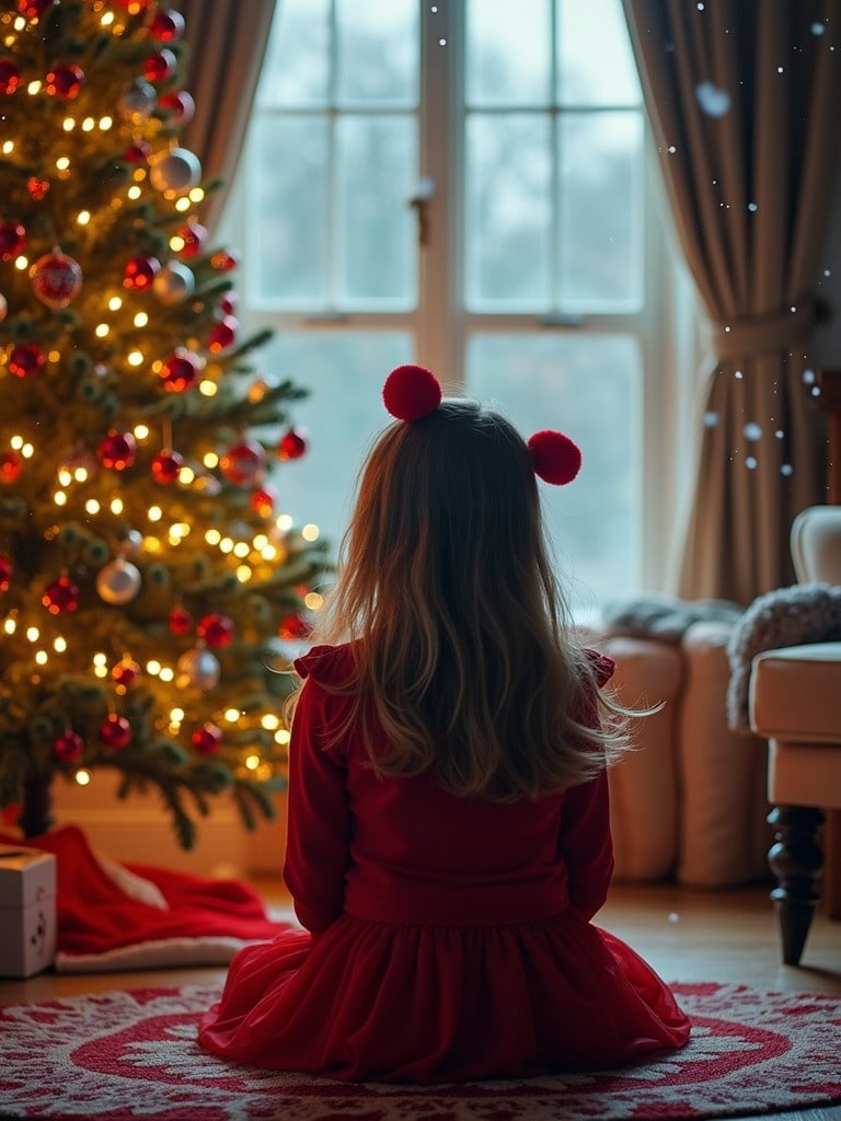 Girl sits in front of a beautifully decorated Christmas tree. She has long hair and is wearing a red dress. Snowflakes fall gently outside. Room has festive decorations. Emotions are of longing for someone. Soft light illuminates the scene.