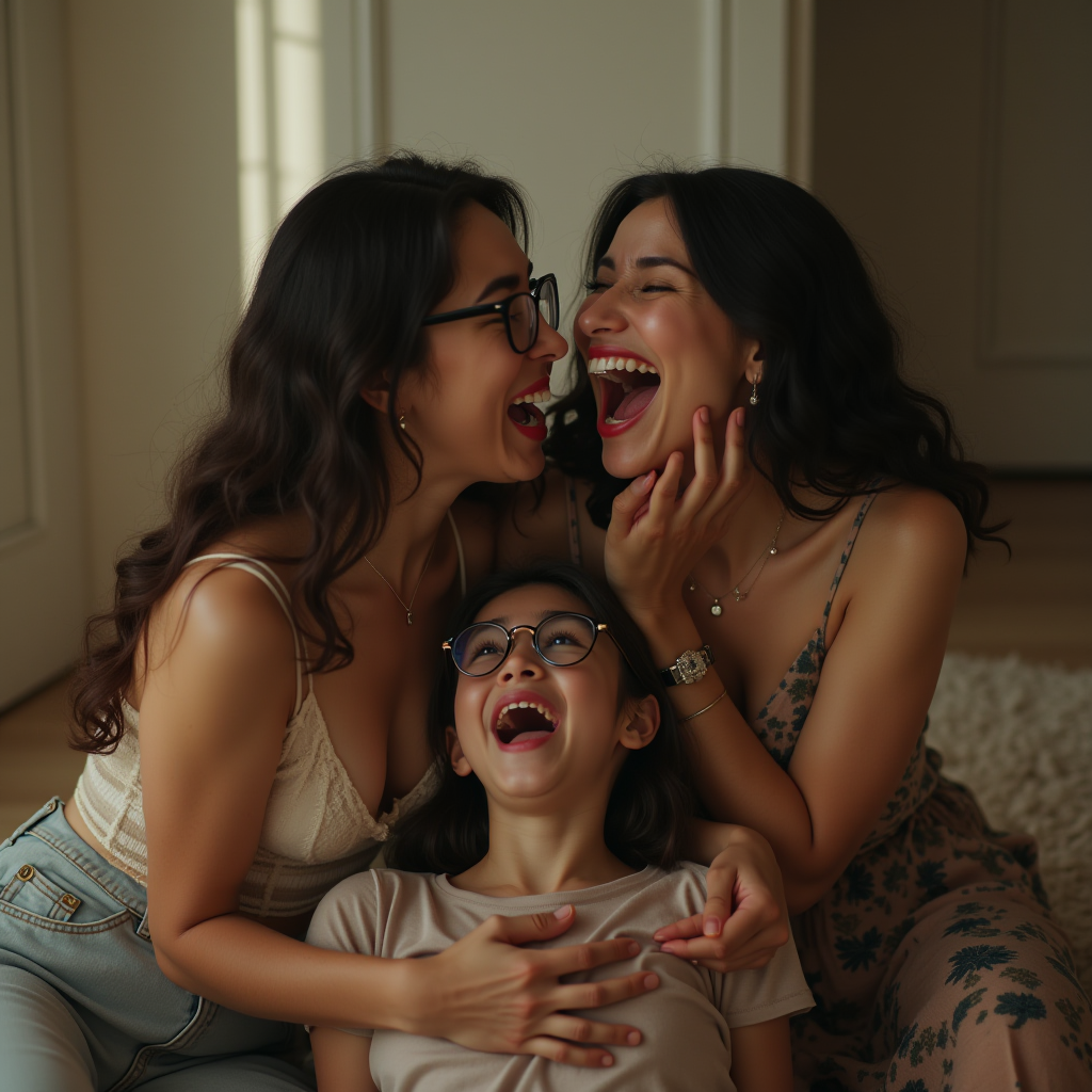 Three women are laughing together in a cozy room, showing their close bond.