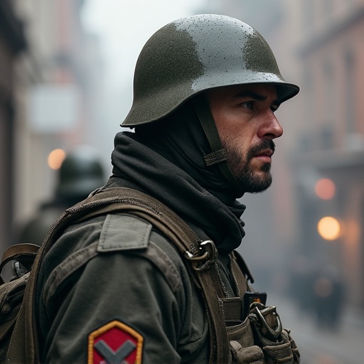 Soldier in military uniform with a helmet. Foggy street setting. Focus on soldier's serious expression and attire.