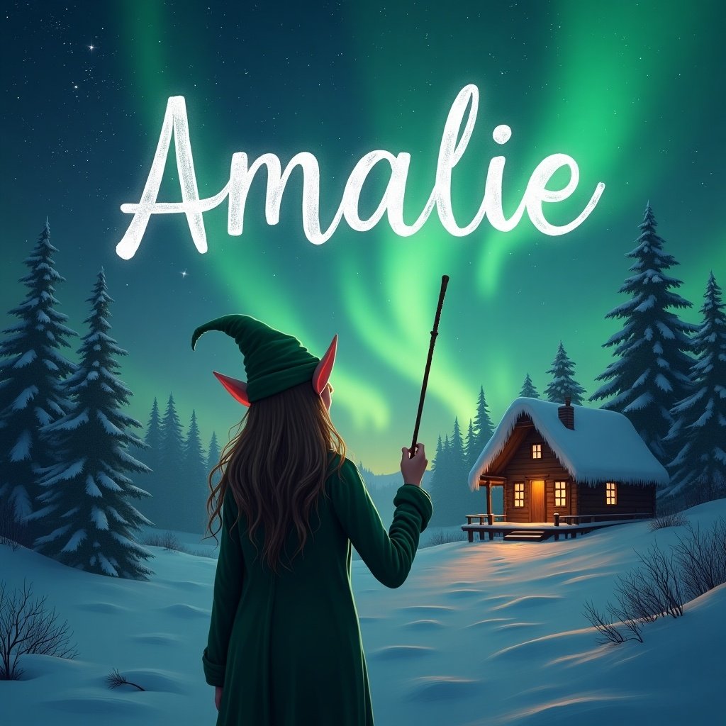 Elf stands with back to viewer. Elf writes name Amalie with wand. Background shows northern lights and cozy cabin.