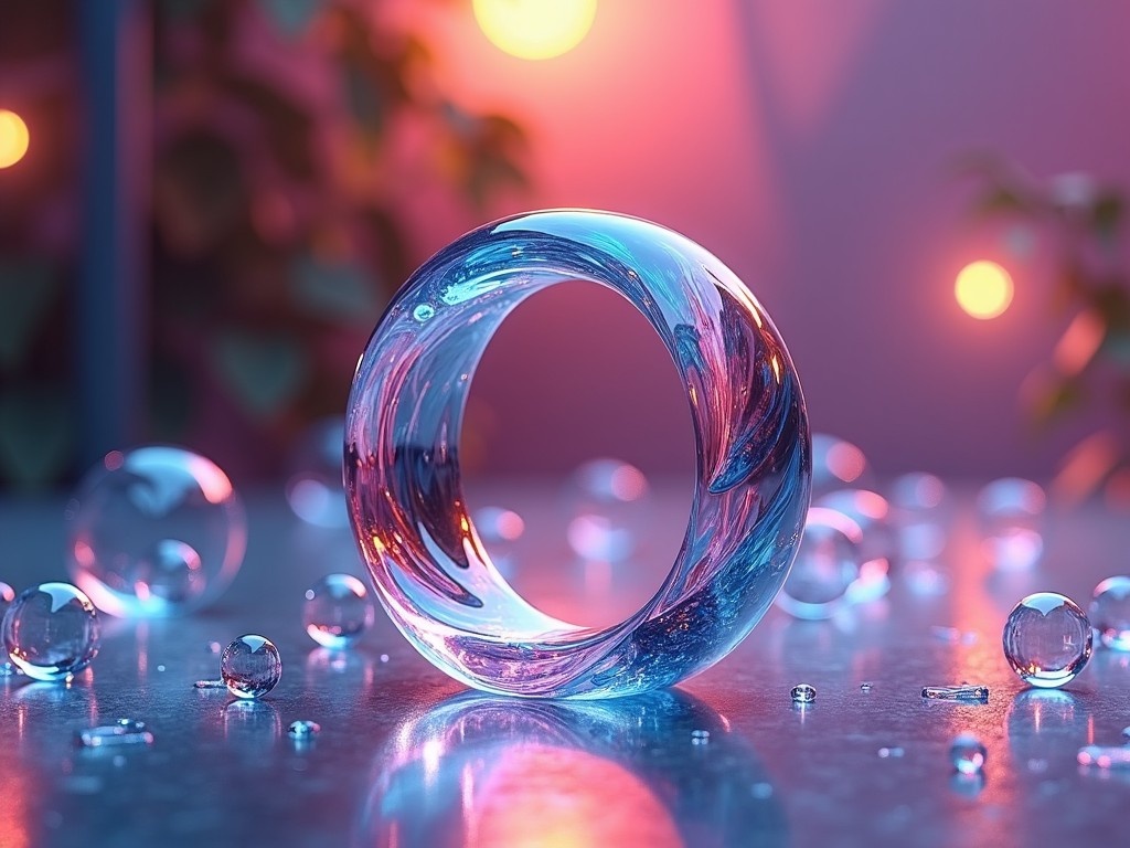 This image features a close-up of a glass-like ring, beautifully colored with swirling patterns. It is placed on a reflective table surrounded by floating soap bubbles. The setting is vibrant, with soft lighting that enhances the colors. The overall composition creates a dreamy, cinematic quality. This scene evokes a sense of connectedness and curiosity, making it visually engaging.