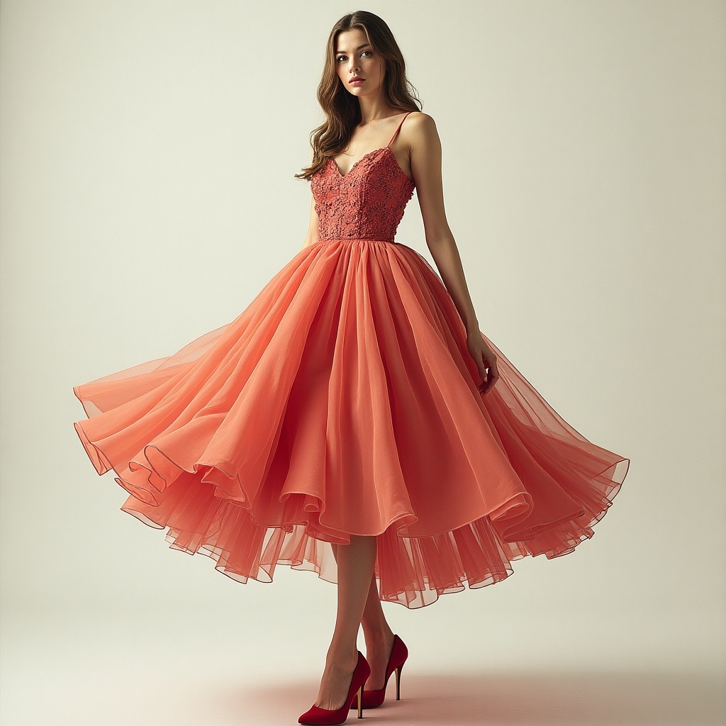 Generate a dress in a fashion setting. Showcase a model wearing a coral-colored dress with a flowing skirt. Add bright red high heels. Focus on elegance and style.