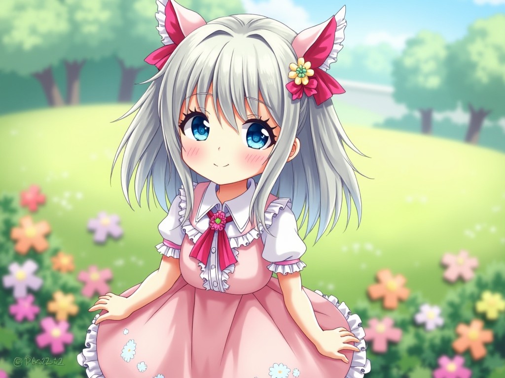 The image features a cute anime-style character, characterized by her silver hair and big, expressive blue eyes. She is wearing a pink dress adorned with a flower, giving her a charming appearance. The setting is a bright, sunny landscape filled with colorful flowers, creating a whimsical backdrop. The character has animal-like ears, enhancing her cute design. The overall tone is light-hearted and cheerful, perfect for attracting a youthful audience.