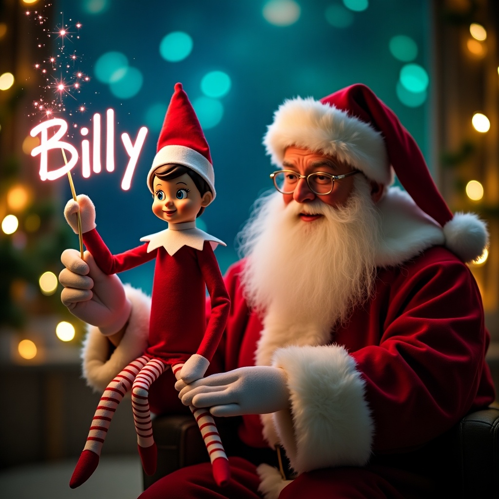 Enchanting Christmas scene features elf on the shelf and Santa. Elf dressed in red and white wields a magic wand writing 'Billy' in glowing script. Backdrop adorned with vibrant northern lights. Festive and whimsical holiday spirit captured. Elf position creates wonder and excitement of the season.