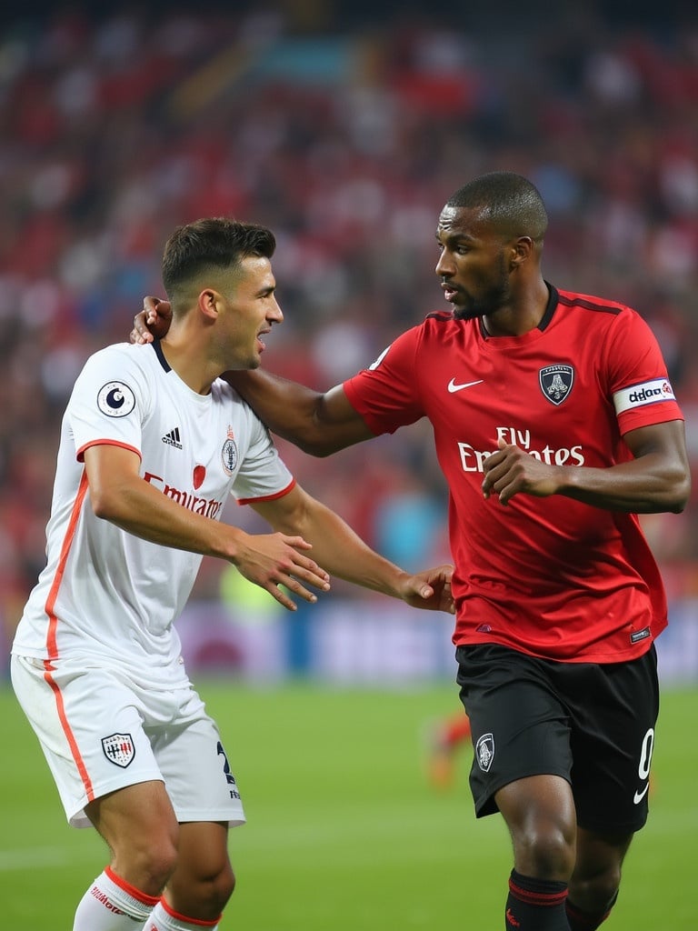 Two football players engage on the pitch in a lively stadium filled with enthusiastic fans. One player is dressed in a striking white jersey while the other wears a bold red kit. They are recognized figures in the sport. The ambiance is vibrant, reflecting the excitement of the match.