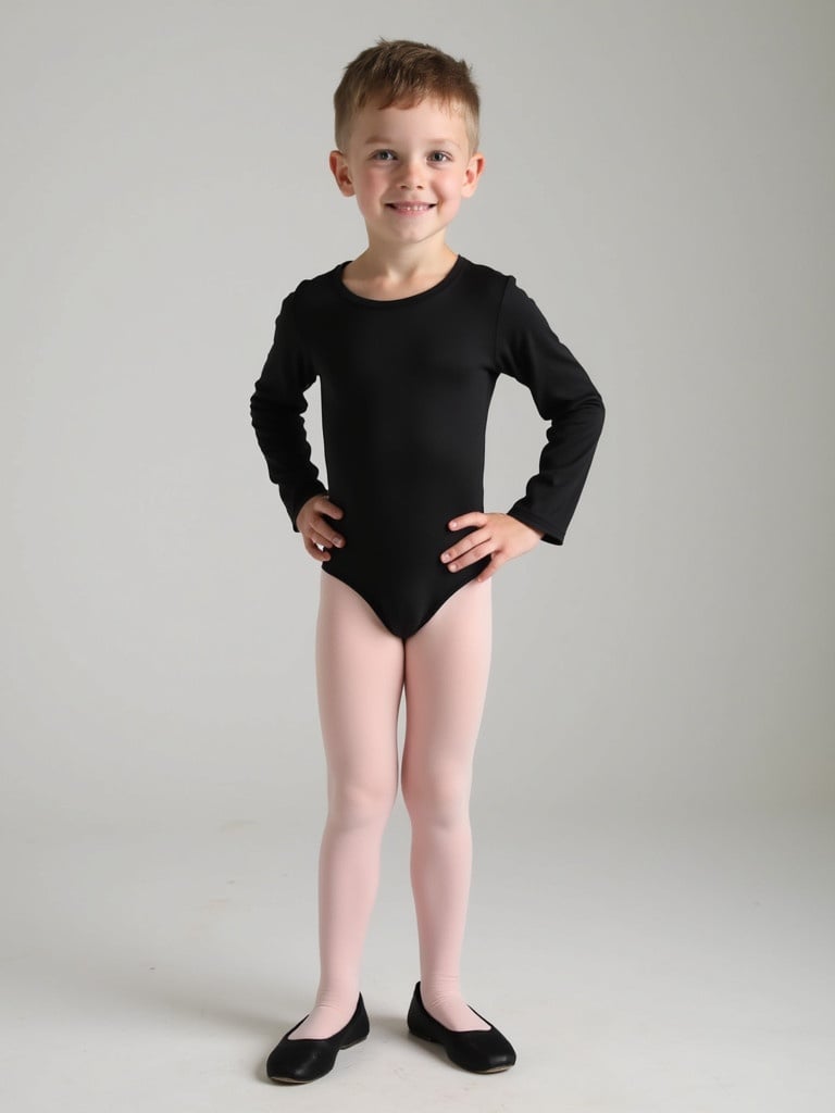 Child in black long sleeve leotard wearing light pink tights. Child also wears black two inch heels. Stands confidently with hands on hips against a neutral background.