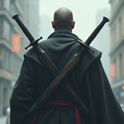 A man is standing with two swords crossed on his back. The man is turned away from the camera facing forward. He is in a misty urban environment.